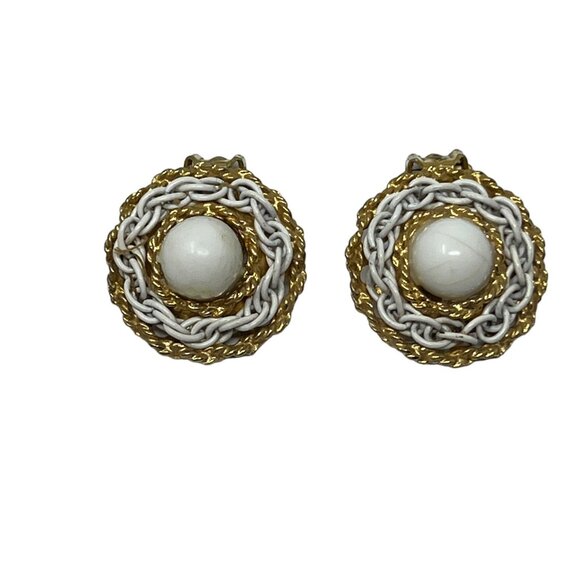 Vintage Clip On Earrings Gold Tone Rope‎ Wrap White Beads and Chain Button - Picture 3 of 9